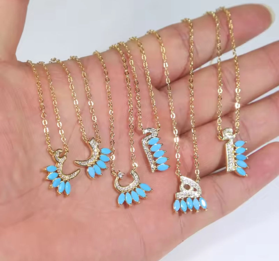 Gold Plated Arabic Alphabet with Turquoise Stones - Personalized Jewelry